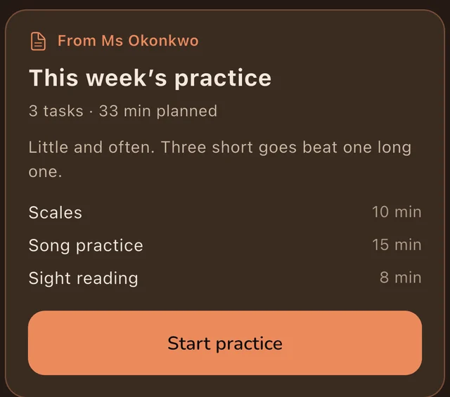 A teacher's plan in the student's Practice Room: This week's practice, three tasks and 33 minutes planned, with a Start practice button.