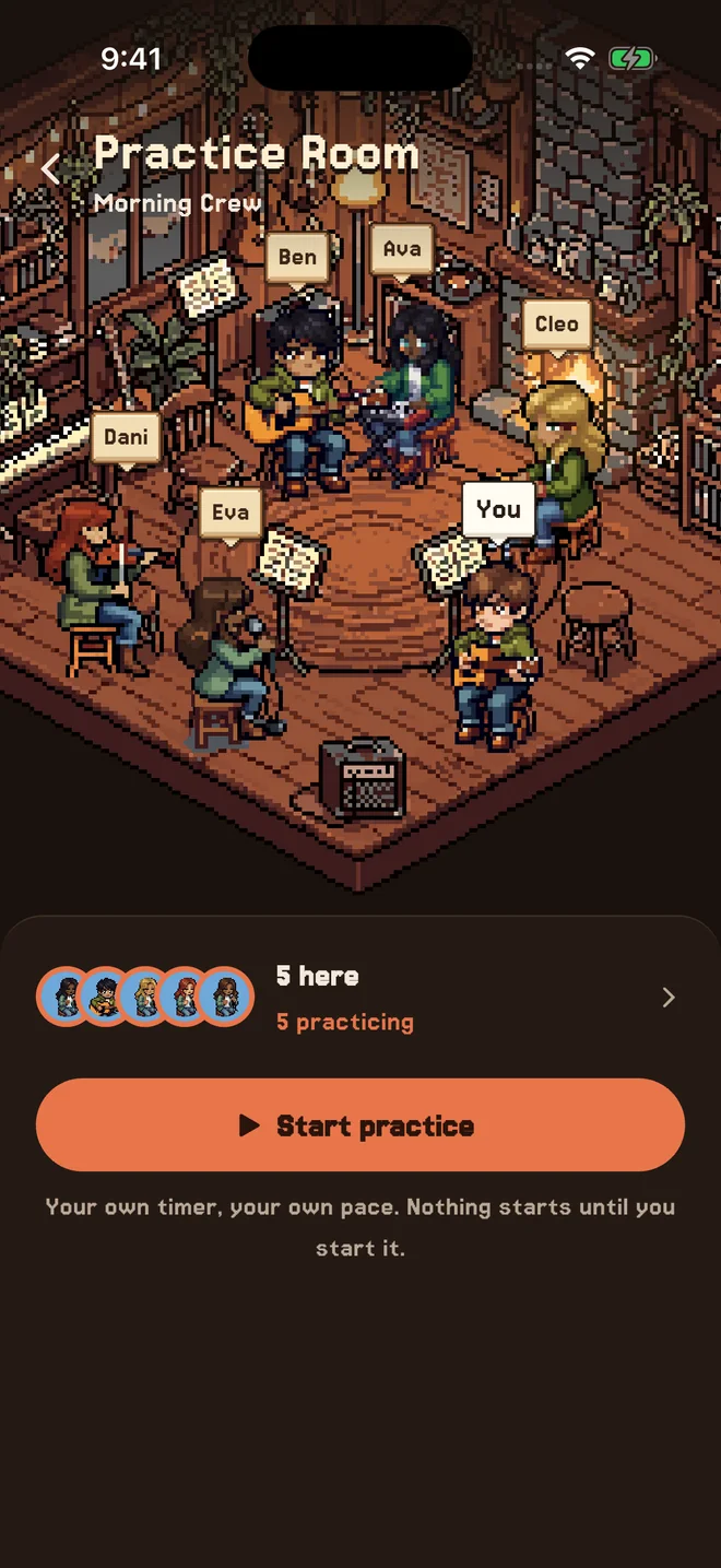 A circle's Practice Room: five friends at a keyboard, a guitar, drums, a violin and a microphone on the stools around the rug, you on your stool, and who's here below.