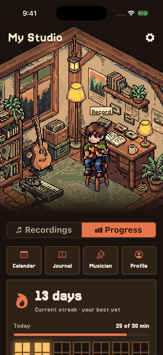 My Studio: your musician on the stool by the desk, a Record sign over the tape recorder, and your progress below: a 13-day streak and today's minutes.
