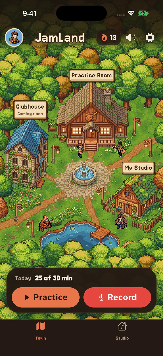 JamLand's home screen: the village, with the Practice Room, the Clubhouse and My Studio, today's minutes, and Practice and Record buttons.