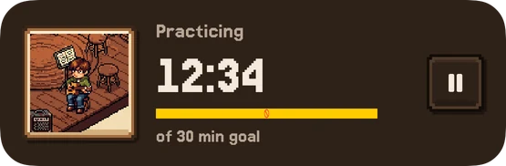 The practice timer on the Lock Screen: 12:34 of a 30-minute goal, with a pause button.