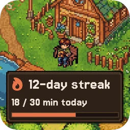 The streak widget: your musician outside your studio, a 12-day streak, and 18 of 30 minutes today.