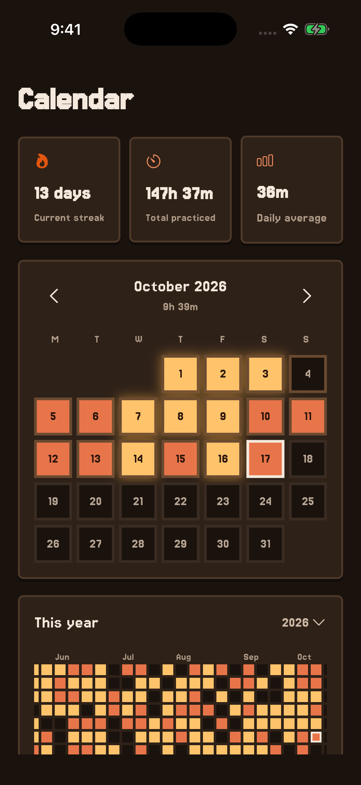 The student's calendar: their streak and total time, a month of practice days lit up as windows, and the year below.