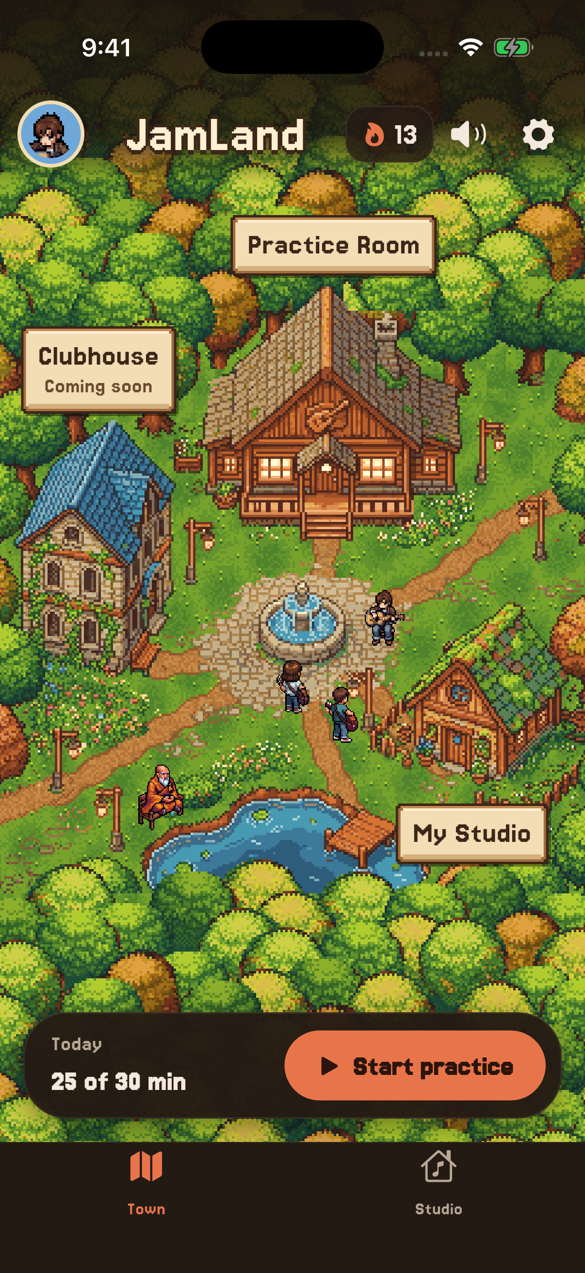 The student's home in JamLand: a pixel-art village with the Practice Room, Clubhouse and My Studio, and today's minutes beside Start practice.