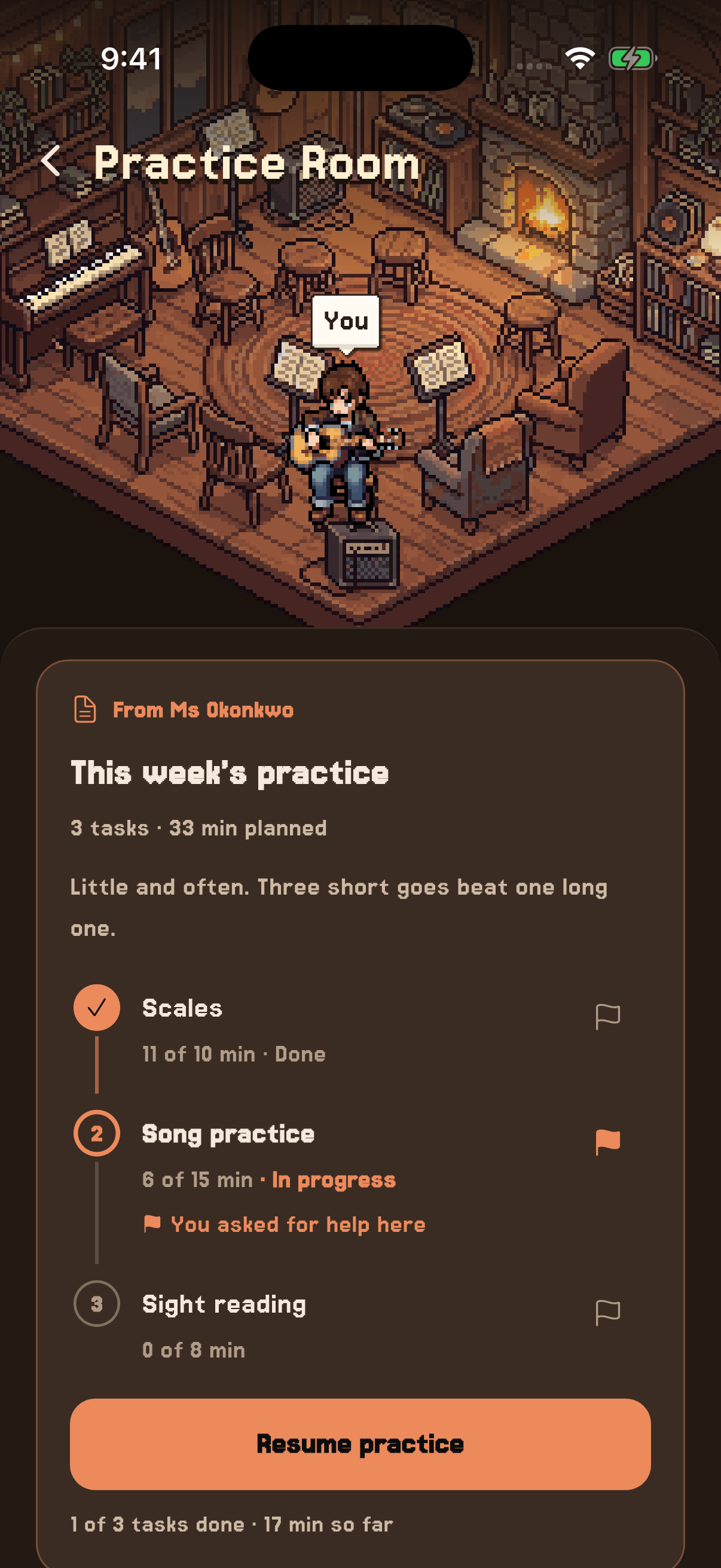 The Practice Room with a teacher's plan for the week: three steps with their times, one done, one in progress and marked as where the student asked for help.